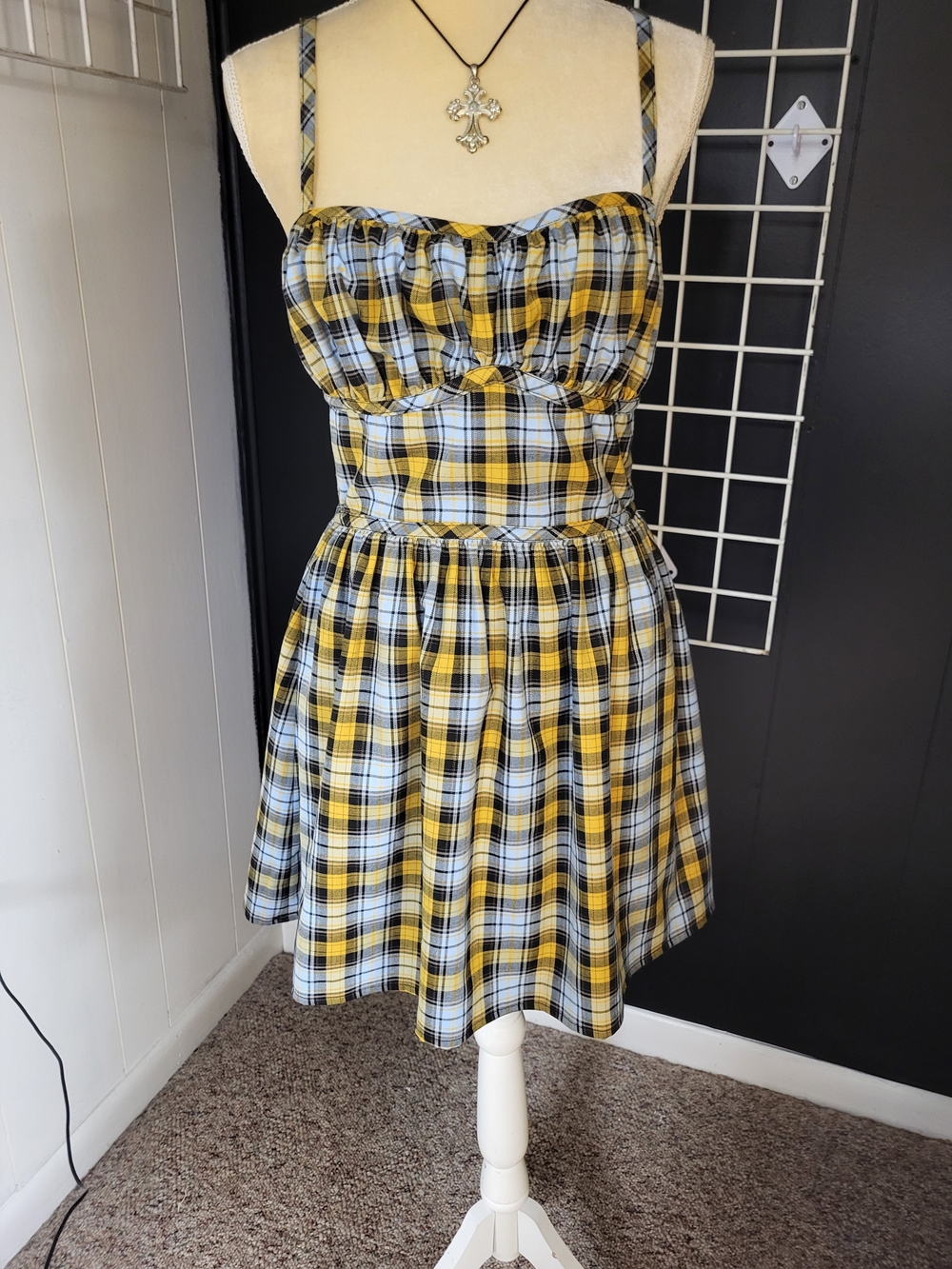 MAJORELLE Yellow, Black & White Plaid Backless Sundress